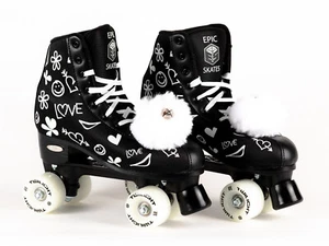 Epic Blk LUV LED High-Top Quad Roller Skates 2 pr Laces & Pom Poms Black & White - Picture 1 of 8