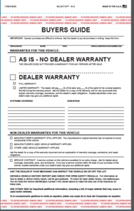 2 PART CAR DEALER BUYER GUIDE NEW PACK OF 100 AS IS FORMS WARRANTY ADHESIVE TAPE - Picture 1 of 2