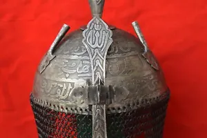 Vintage Decorative Mughal Islamic Iron Engraved Helmet Khula Khud Armor Chainmal - Picture 1 of 10