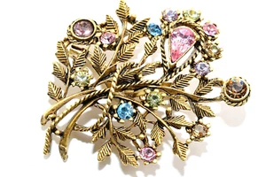 Pin Vintage Brushed Gold Cluster Rhinestones Flower Stones Shaped Brooch  BX8 - Picture 1 of 3