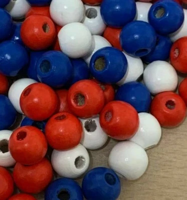 Wooden Beads, Red White Blue Beads,  UK  round craft , 100 pack 12mm - Image 1 of 3