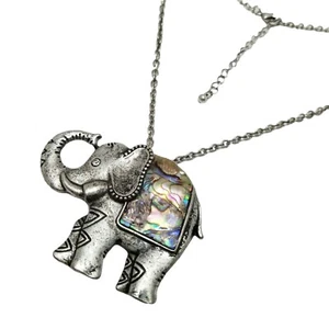 Abalone Shell Elephant Necklace Black Patina Silvertone / Rhinestone 29.5" Boho - Picture 1 of 4