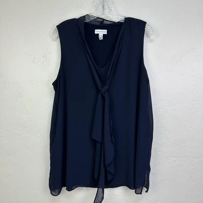Susan Graver Shirt Womens Large Navy Tie Neck Sleeveless Chiffon Tunic A380022 - Image 1 of 4