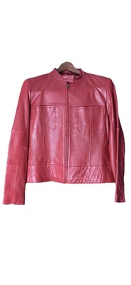 Kathy Ireland Sz M Leather Fitted Short Jacket Red Full Zip Two Breasts Pocket  - Image 1 of 4