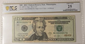 2013- $20 Dollar Bill- Low Serial #00000047- PCGS VF25 - Picture 1 of 2