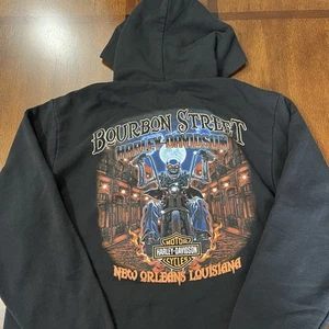 Y2K Harley Davidson Zip Up Hoodie New Orleans Sweatshirt Cyber Goth Flame Skull - Picture 1 of 7