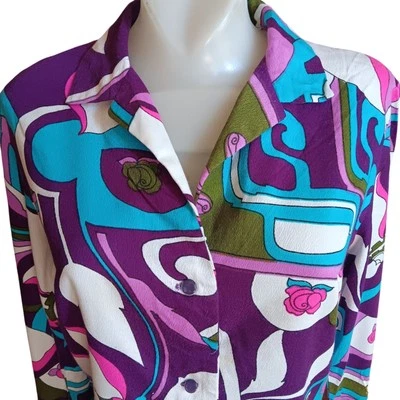 Large Vintage 70s Psychedelic Print Blouse Abstract Floral Groovy Granny Hippie - Image 1 of 4