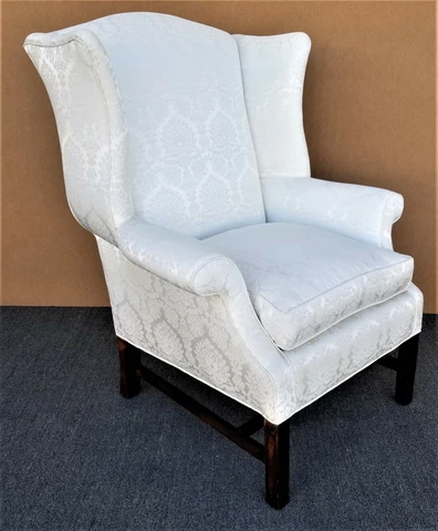 Vintage Chippendale Wingback White Brocade Satin Cotton and Down Armchair Cover