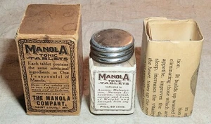 ANTIQUE MANOLA TONIC TABLETS BOTTLE JAR IN ORIGINAL BOX WITH DIRECTIONS FOR USE - Picture 1 of 18