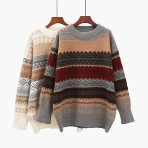 Winter Argyle Sweater Sweater Striped Korean Style Pullover Knit Jumpers Loose - Picture 1 of 15