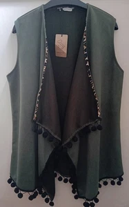 Waistcoat/Gilet Pom Pom Edges Leopard Trim HIPPY/BOHO/FESTIVAL VIBES Khaki - Picture 1 of 23