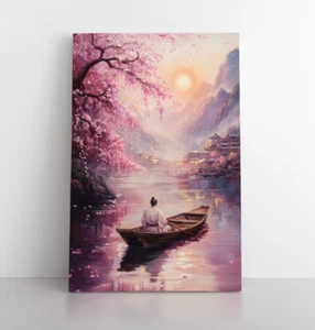 Pink Cherry Blossoms Asian Zen Painting Print Framed Canvas Wall Art, Nature - Picture 1 of 12