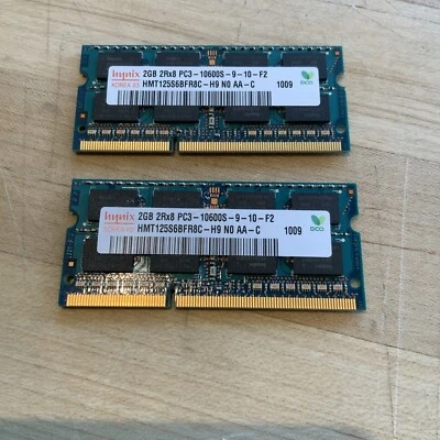 4GB (2x2GB) PC3-10600s SO-DIMM DDR3-1333MHz 2Rx8 Non-ECC Hynix HMT125S6BFR8C-H9 - Image 1 of 2