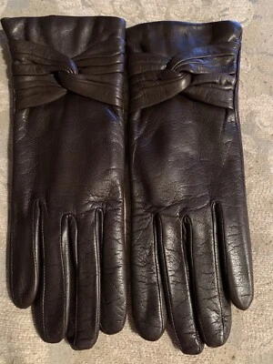 棕色皮革手套带扭结细节 100% 羊绒衬里 尺寸 7 1/2 — 第 1/4 张图片