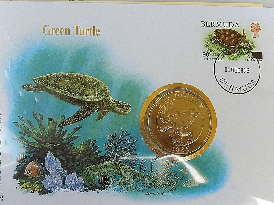 Bermuda - " GREEN TURTLE ~ WWF " PNC / Coin Cover 1986 ! - Image 1 of 4
