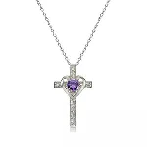 Sterling Silver Amethyst & White Topaz Heart in Cross Necklace - Picture 1 of 4