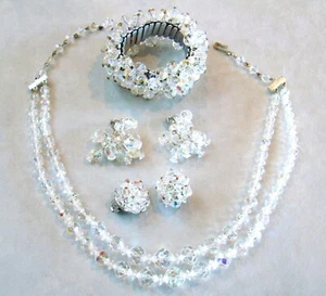 Vintage AB Rhinestone Cha Cha Bracelet Necklace Clip Earrings Parure Laguna - Picture 1 of 8