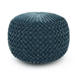 Renee Boho Teal Velvet Fabric round Pouf - Picture 1 of 6