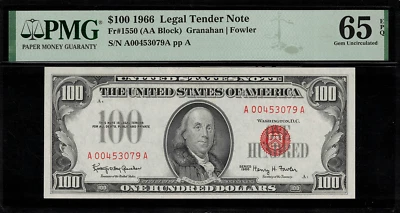 1966 $100 Legal Tender FR-1550 - Red Seal - PMG 65 EPQ - Gem Uncirculated - Image 1 of 2
