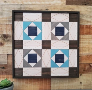 Handmade Wooden Barn Quilt Patchwork Wall Art Wood Block Rustic Colorful Hanging - Picture 1 of 9
