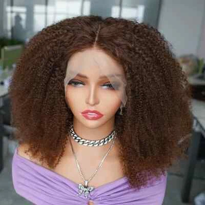 Pelucas frontales de encaje marrón afro rizado 13x4 rizado cabello humano 4x4 encaje frontal natural Foto 1 de 4