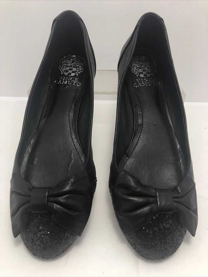 Vince Camuto Womens Ballet Flats Sz 7.5 B Black Leather Omaha w/Bow & Glitter #U - Image 1 of 4