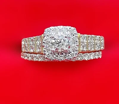 Deal! 1.05 CT Genuine Solitaire Diamond Halo Bridal Engagement Set Ring 14K Gold - Image 1 of 4