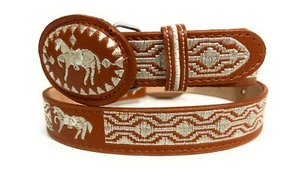 KIDS EMBROIDERED WESTERN BELT, HORSE DECORATED BOYS LEATHER BELT. CINTO BORDADO - Picture 1 of 3