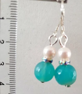 Silver tone earrings with light blue agate and miyuki pearl - Picture 1 of 1