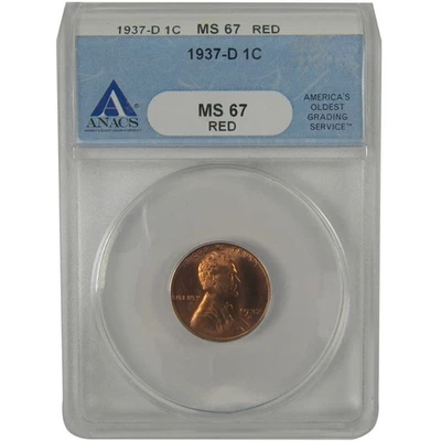 1937 D Lincoln Wheat Cent MS 67 RD ANACS Penny Uncirculated SKU:I23090 - Image 1 of 4