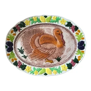 Vintage MCM Turkey Platter Oval Ceramic Embossed Hand Painted Thanksgiving - Picture 1 of 3