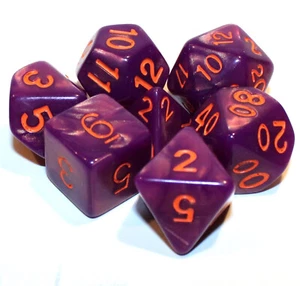Juego de 7 Piezas Dados Poliédricos Mármol Púrpura con Números Naranja - Bolsa Púrpura - Imagen 1 de 2