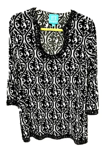 Escapada L Black White Print Tunic Sequined Beaded 42 inch bust - Picture 1 of 4