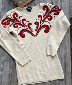 Vtg Pierre Cardin lambswool cream sequin applique fitted sweater M glam grandma - Picture 1 of 6