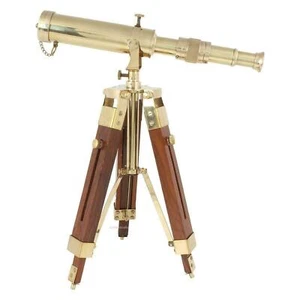 Vintage Nautical Marine Navy Brass Telescope Brown Wooden Tripod Stand - Picture 1 of 5