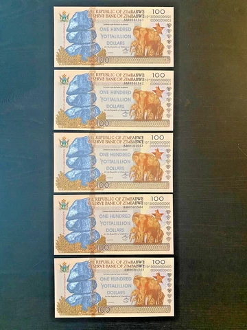 5 Banknotes - Zimbabwe 100 Yottalillion Dollars SHIPS FROM USA!! - Uncirculated Cover