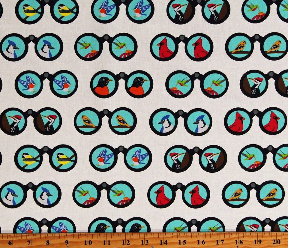 Cotton Birding Binoculars Backyard Birdwatching Fabric Print by the Yard D784.92 - Image 1 of 1