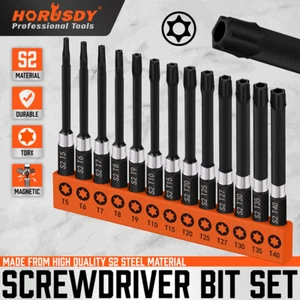 13Pc Magnetic Torx Screwdriver Bit Set Temper Proof Long Torque Sleeve T5-T40 - Picture 1 of 8