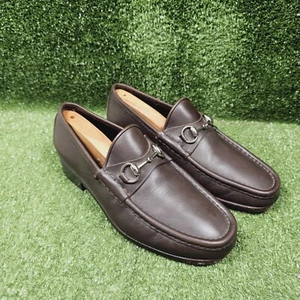 Gucci Silver Horsebit Brown Italian Leather Slip On Loafers Mens 9.5 EEE EU 8.5 - Picture 1 of 13