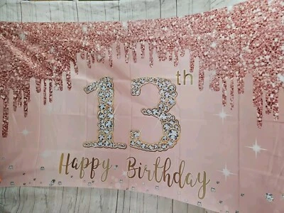 Feliz 13 Cumpleaños Banner Telón de Fondo Decoraciones para Niñas 43"x6' Foto 1 de 4
