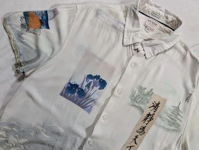 Guess Shirt Mens Large Regular Fit Birds Japanese Mountains Viscose Hawaiian - Image 1 of 4