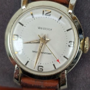 Vintage Westclox Shock Resistant Mens Watch W/ Leather Strap - Picture 1 of 11