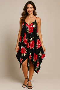 Vintaeg Aloha Fashion Dress Women OS Black Hibiscus Floral Flowy Hawaiian Resort - Picture 1 of 16