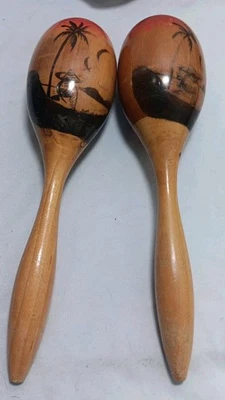 Maracas de madera vintage - aprox. 11" - Juego de 2 Playa Troical Océano Polinesio Foto 1 de 4