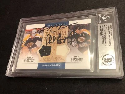 Beckett Slabbed Gerry Cheevers Phil Esposito Dual Auto Jerseys Tundra Tandems - Image 1 of 4
