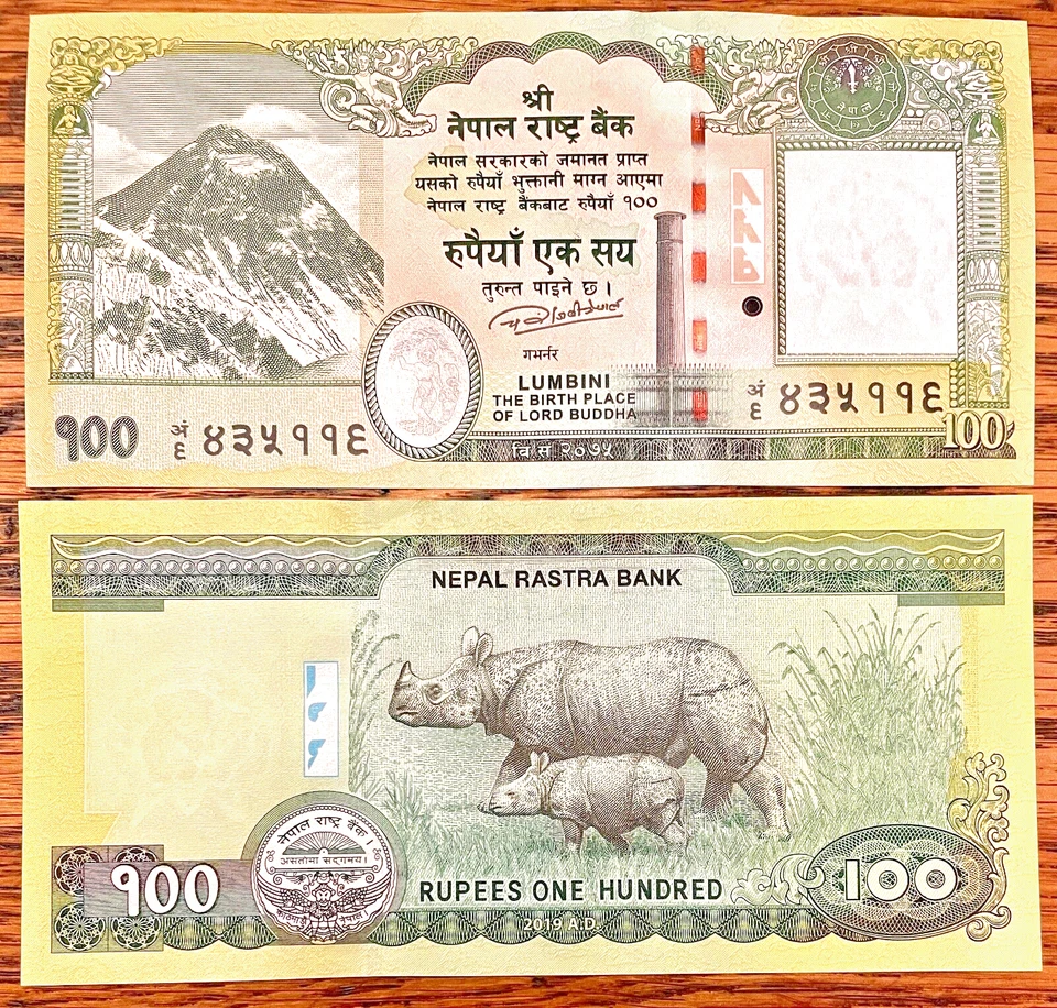 Billetes de 100 rupias de Nepal 2019 Mt. Everest, un rinoceronte cornudo Foto 1 de 1
