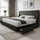Bed Frame with 4 Storage Drawers and Wing-Back Headboard button-tufted design