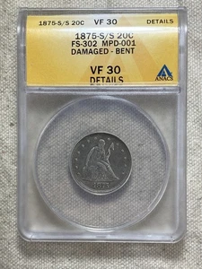 1875-S/S TWENTY CENT PIECE MPD FS-302 ANACS VF30 Details Damaged - Bent - Picture 1 of 8