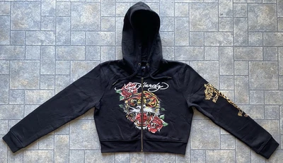 Sudadera con Capucha Ed Hardy Para Mujer XL Tiger Y2K Negra Recortada Cremallera Rosas Tatuaje Foto 1 de 4