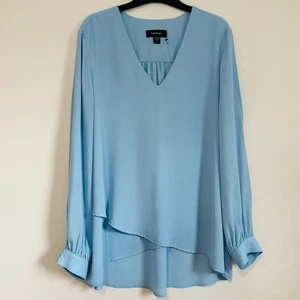 Karen Kane hellblau V-Ausschnitt Puff Schlitzärmel Cross Over Pullover Bluse Gr. L - Bild 1 von 16